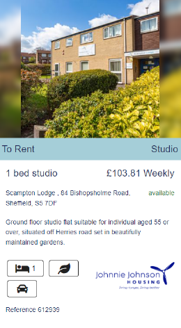 Image of Scampton Lodge, Bishopsholme Road, Shefield, S57DF, 1 bed studio £103.81 weekly. ground floor studio flat. Click here to find out more