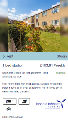 Image of Scampton Lodge, Bishopsholme Road, Shefield, S57DF, 1 bed studio £103.81 weekly. First floor studio with level access. Click here to find out more